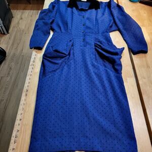 Vintage Blue Black Polka Dot Dress Pockets Collar Pencil Skirt Sprity Sz 38